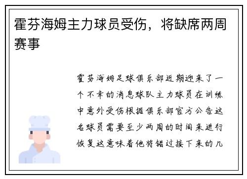 霍芬海姆主力球员受伤，将缺席两周赛事